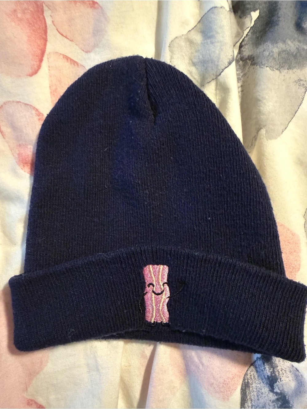Navy Gertex Target Beanie One Size | Embroidered Smiling Bacon Cuff Knit Hat